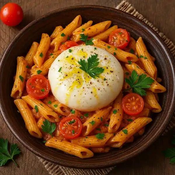 Krämig Burrata Pasta med Tomater och Vitlök – En Snabb Vardagsfavorit