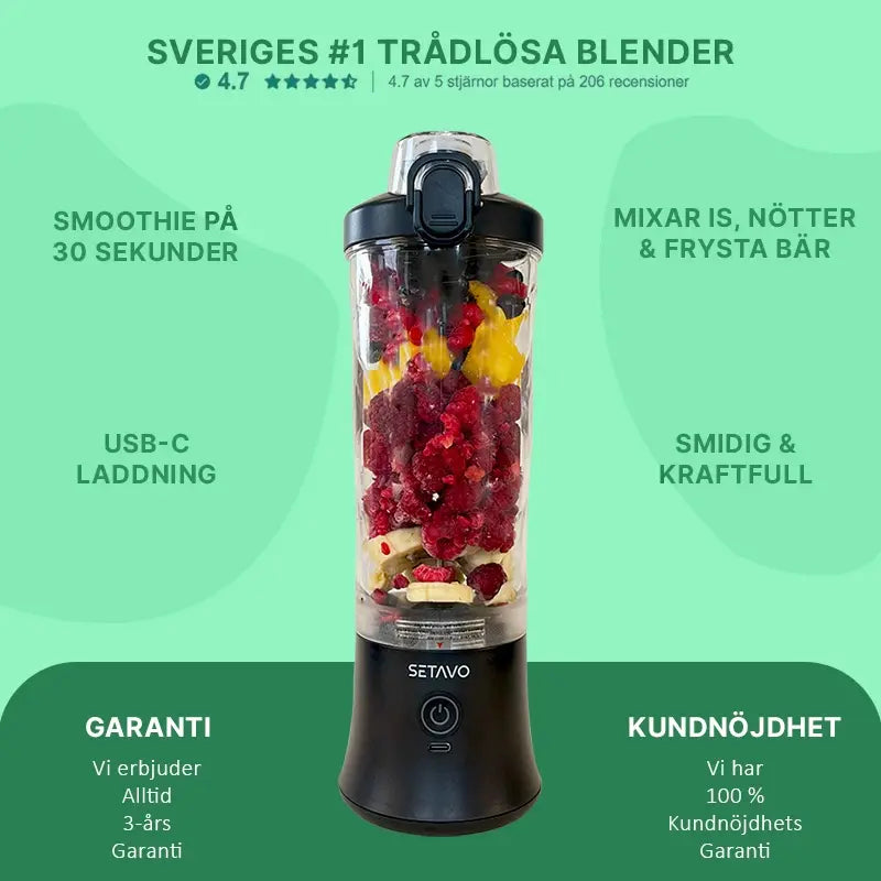 Setavo A9 Svart – Trådlös Blender 600ML | Kraftfull & Portabel Mixer