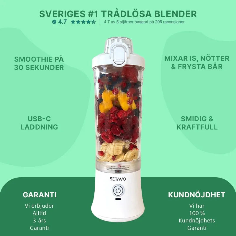 Setavo A9 Vit – Trådlös Blender 600ML | Kraftfull & Portabel Mixer