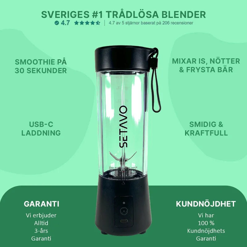 Setavo A6 Svart – Trådlös Blender 400ML | Kraftfull & Portabel Mixer